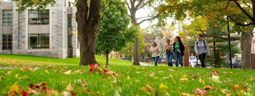 Autumn leaves lay scattered on a campus lawn as people walk by