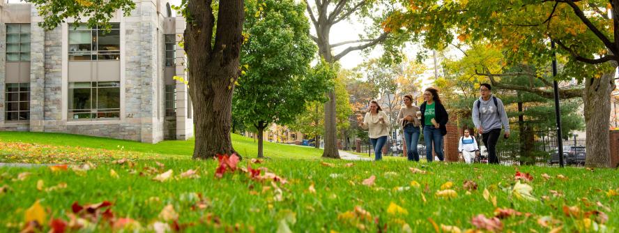 Autumn leaves lay scattered on a campus lawn as people walk by